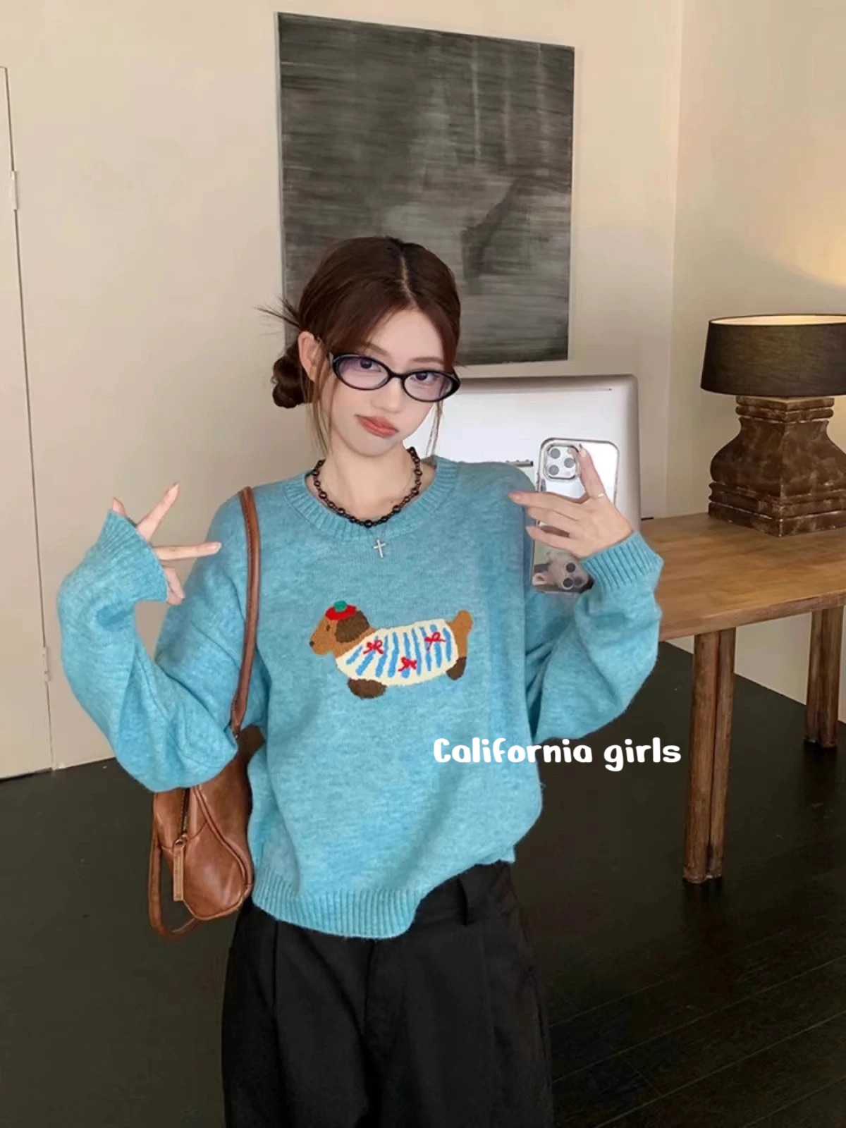 ￼毛衣系列 【加州辣妹】韓系卡通臘腸狗立體刺繡毛衣