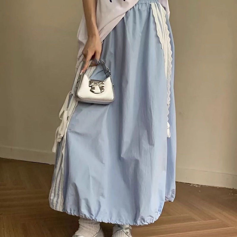 長裙系列【加州辣妹】美式復古辣妹運動蝴蝶結蕾絲長裙