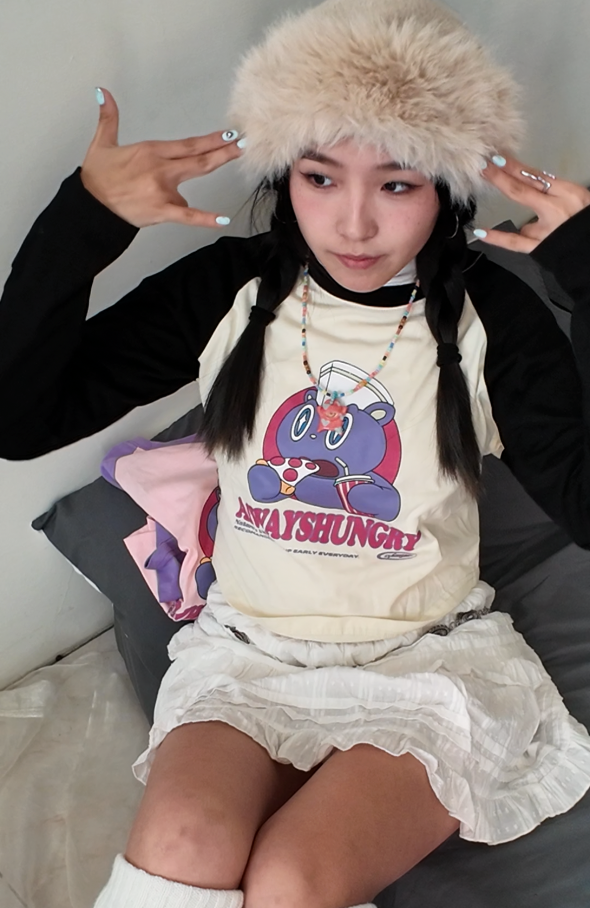 【加州辣妹】alwayshungry熊熊拼接短版上衣