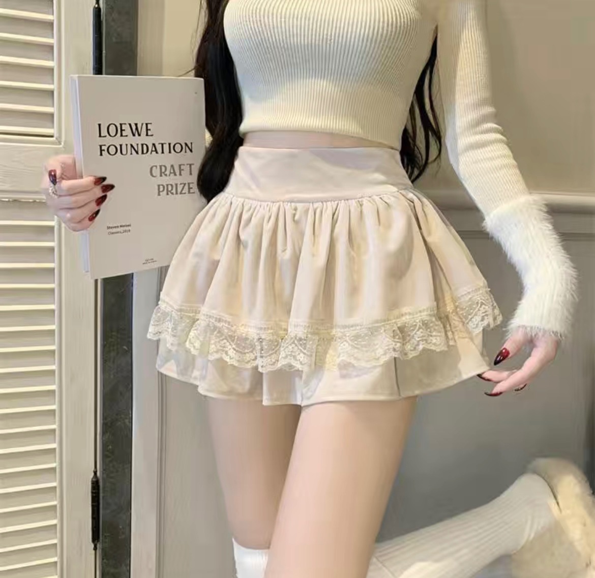高腰蓬蓬短裙辣妹防走光蕾絲邊公主百摺裙子