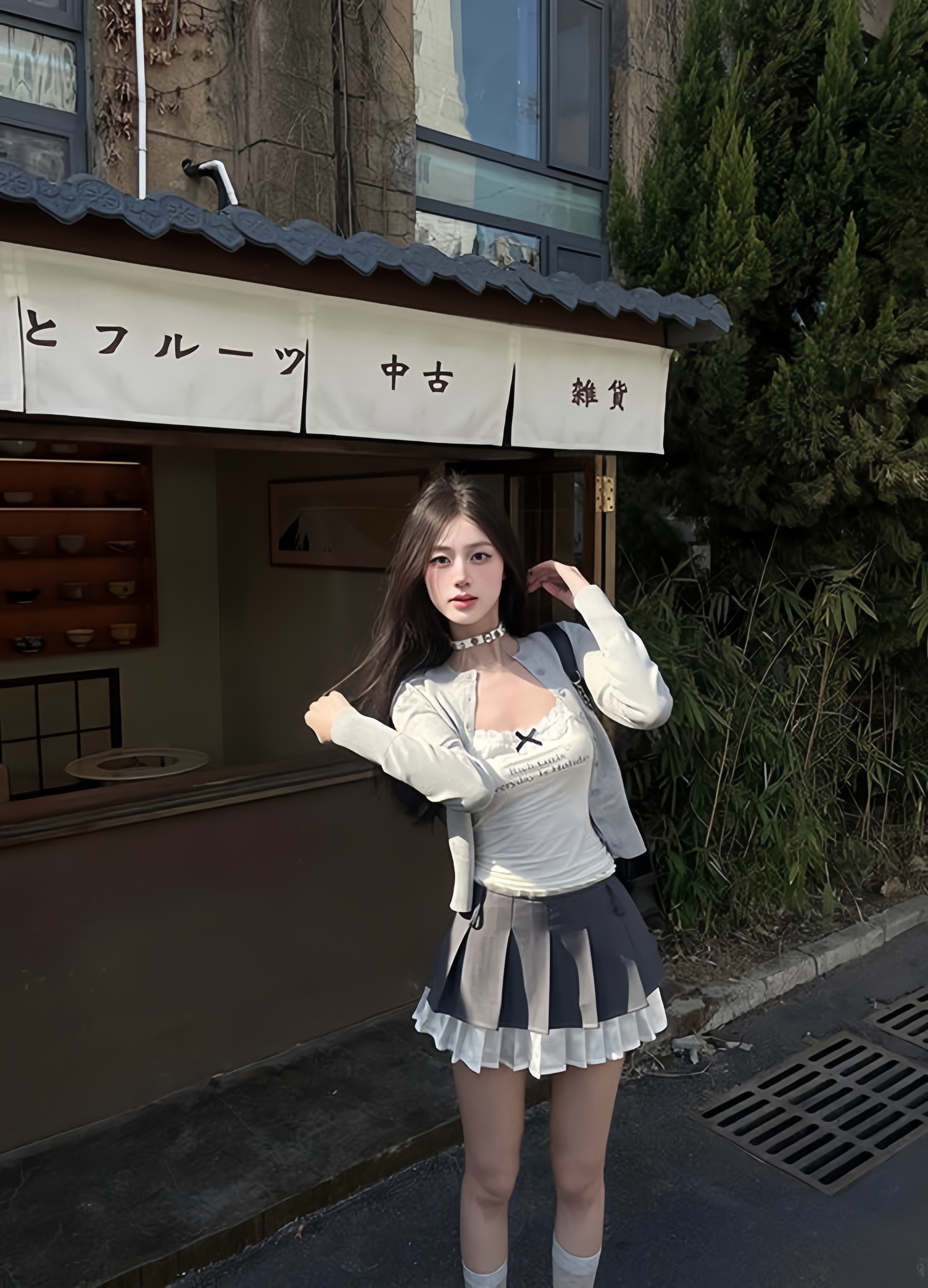 純欲風灰色針織開衫+蕾絲吊帶+百褶裙