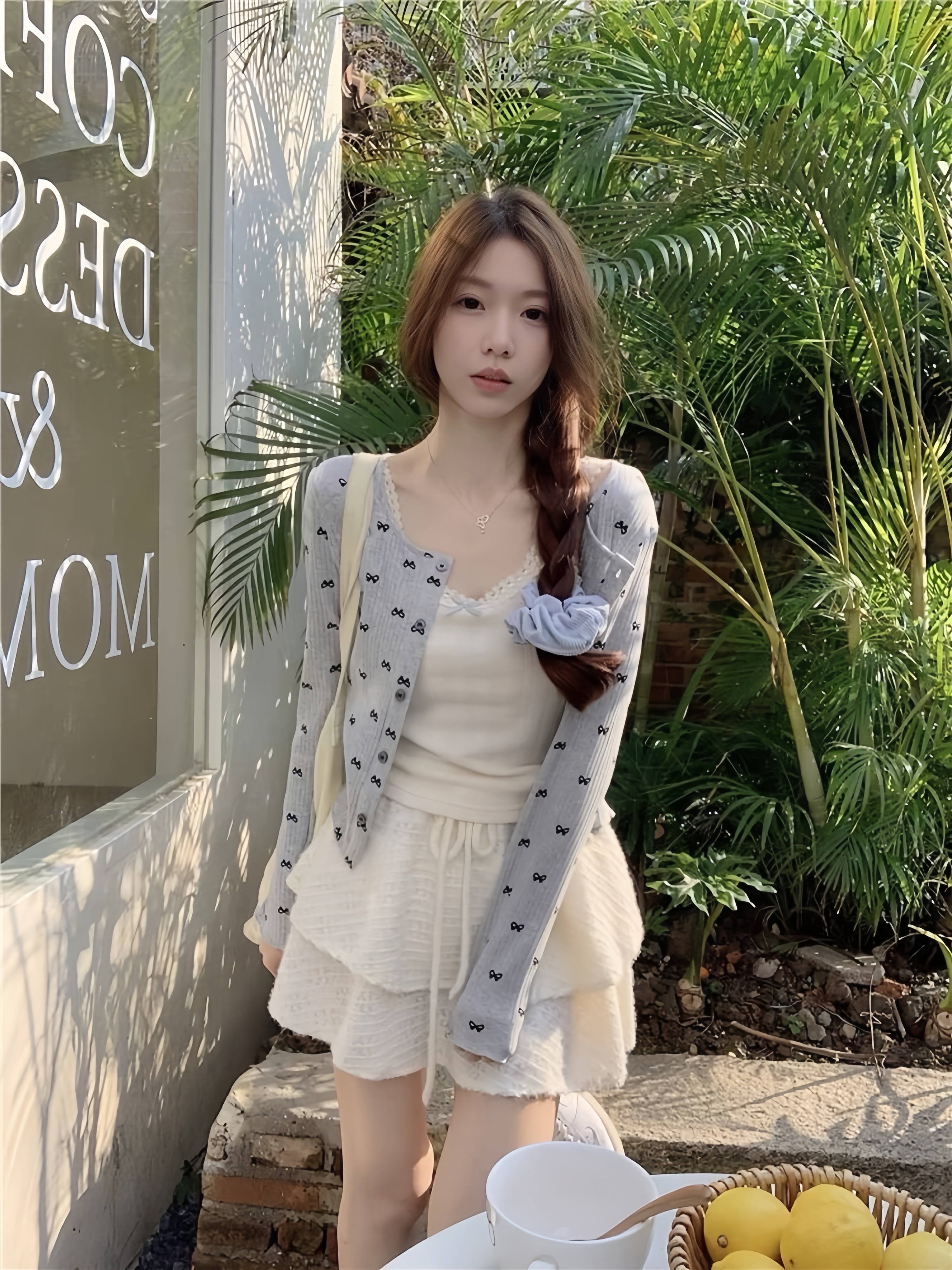 韓系蝴蝶結灰色針織開衫+吊帶背心+半身裙