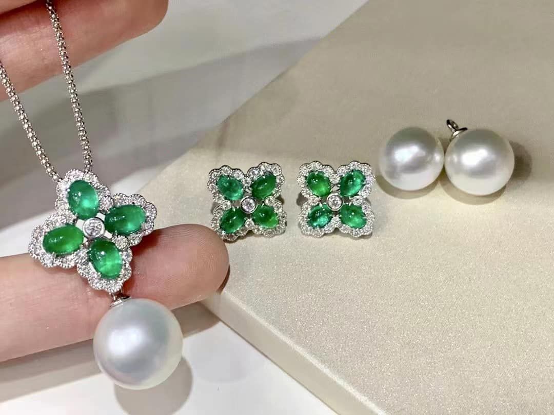 正圓 #天然淡水Ａｋｏｙａ珍珠 幸運四葉草🍀套裝～ #項鏈+#耳環