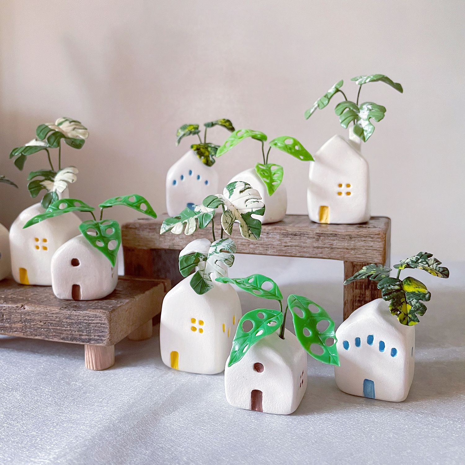 【接單後製作】屋頂上的龜背芋們 大中小三入組。軟陶黏土迷你觀葉植物