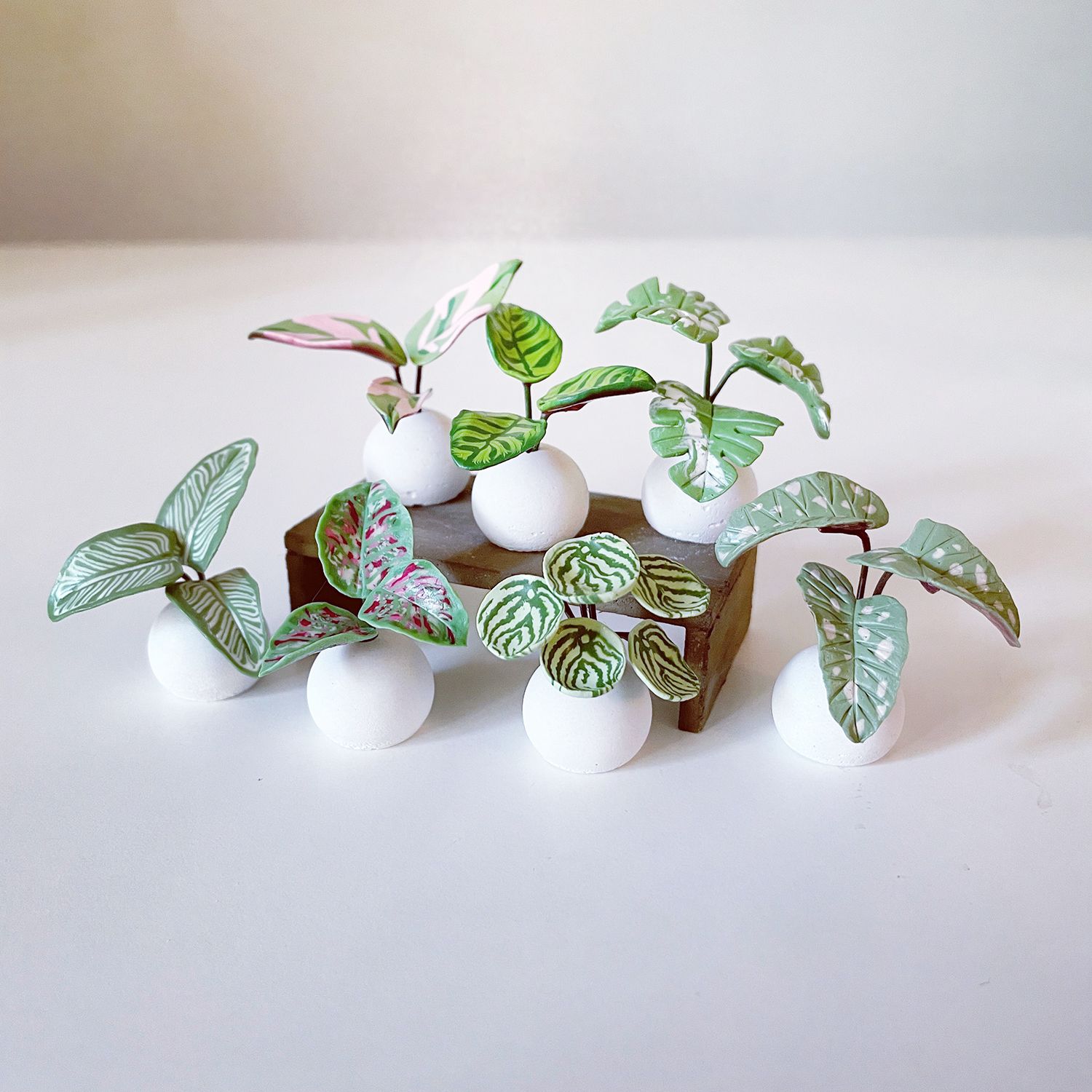 【接單後製作】迷你觀葉植物 球型水泥盆植栽擺件 。軟陶黏土迷你觀葉植物