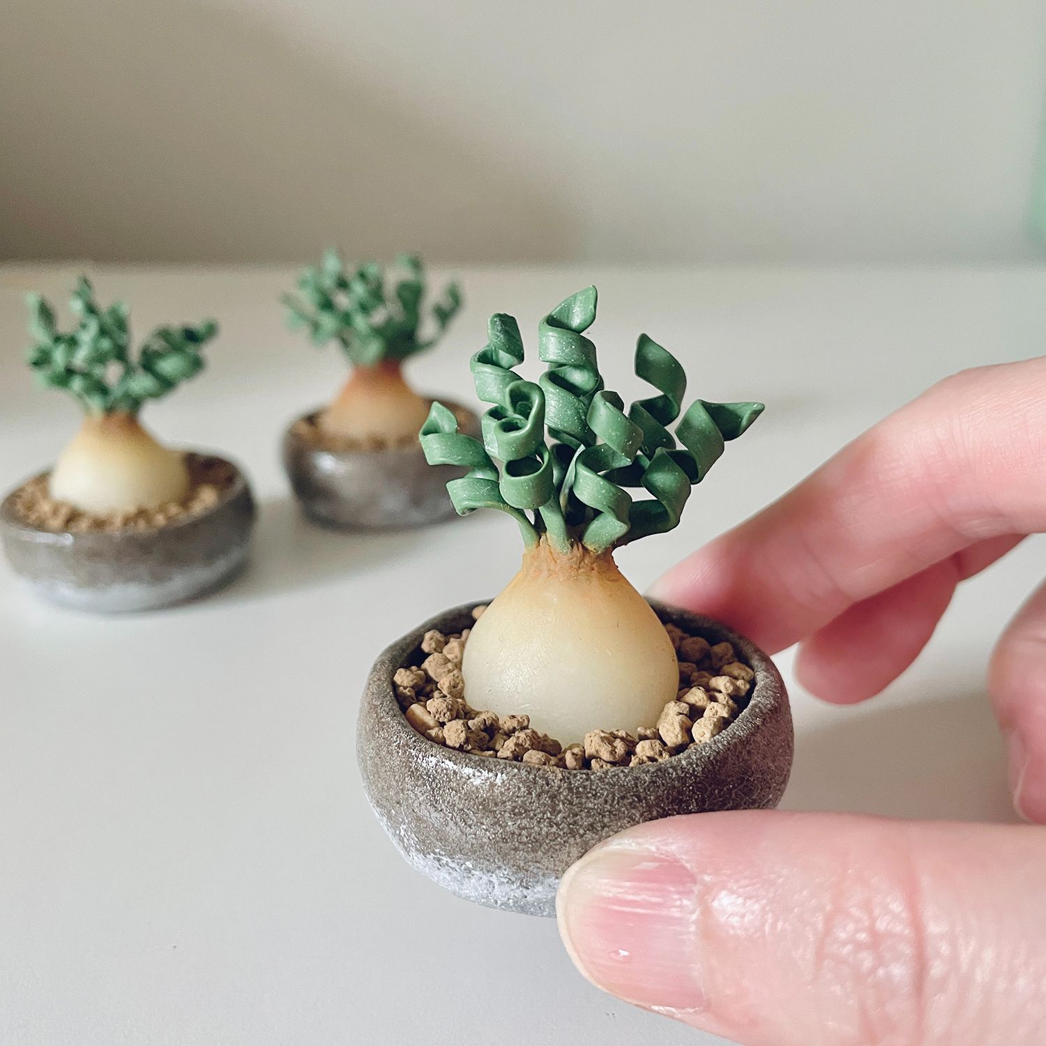迷你彈簧草盆栽擺件。軟陶黏土迷你塊根植物