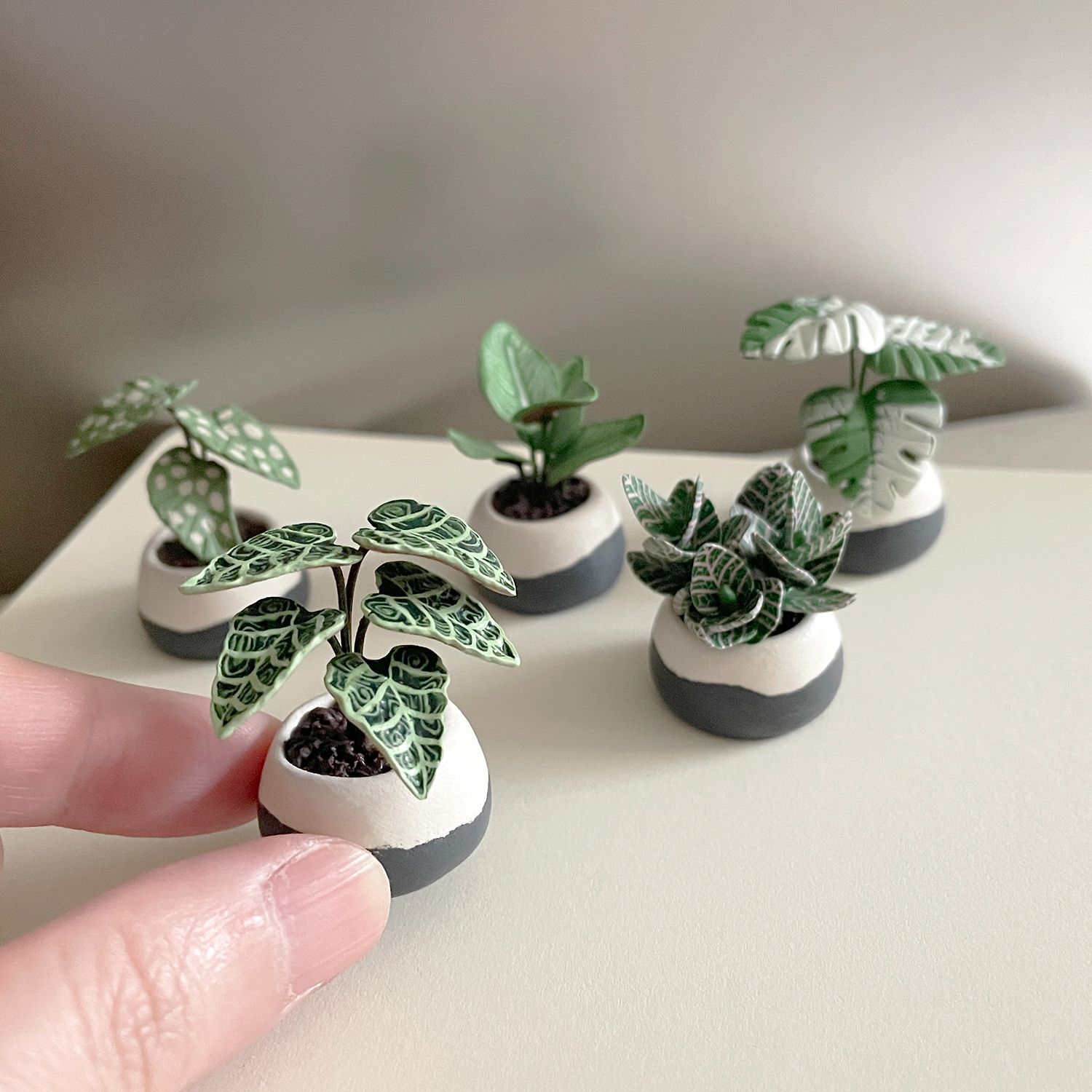 【現貨】迷你觀葉植物  灰白雪山盆器。軟陶黏土迷你觀葉植物