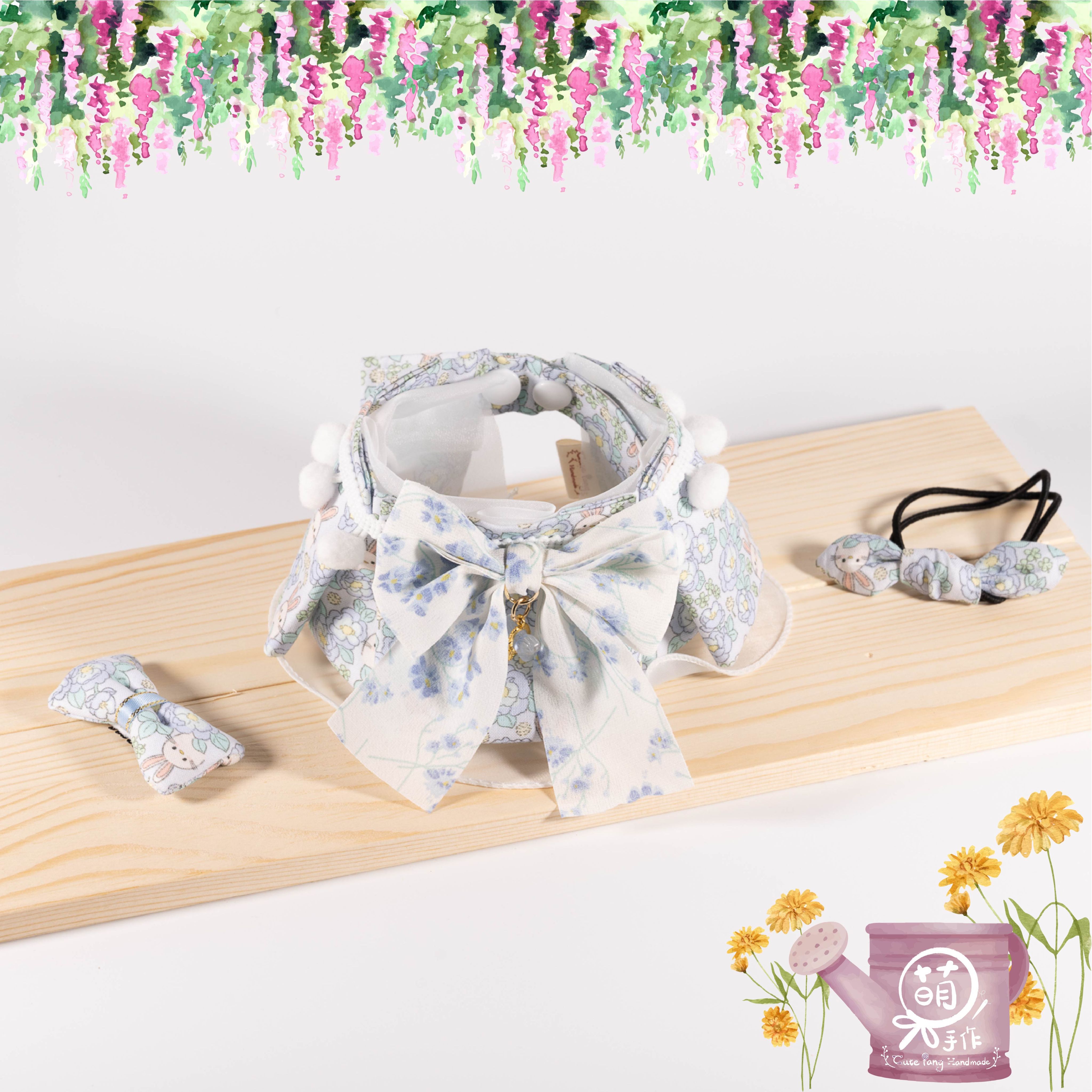 萌糖手作｜幻想花園兔愛麗絲藍嬌俏花嶺 寵物領巾 狗狗領巾 貓咪領巾狗狗脖圍 貓咪脖圍 寵物項圈 貓咪項圈 狗狗項圈 客製