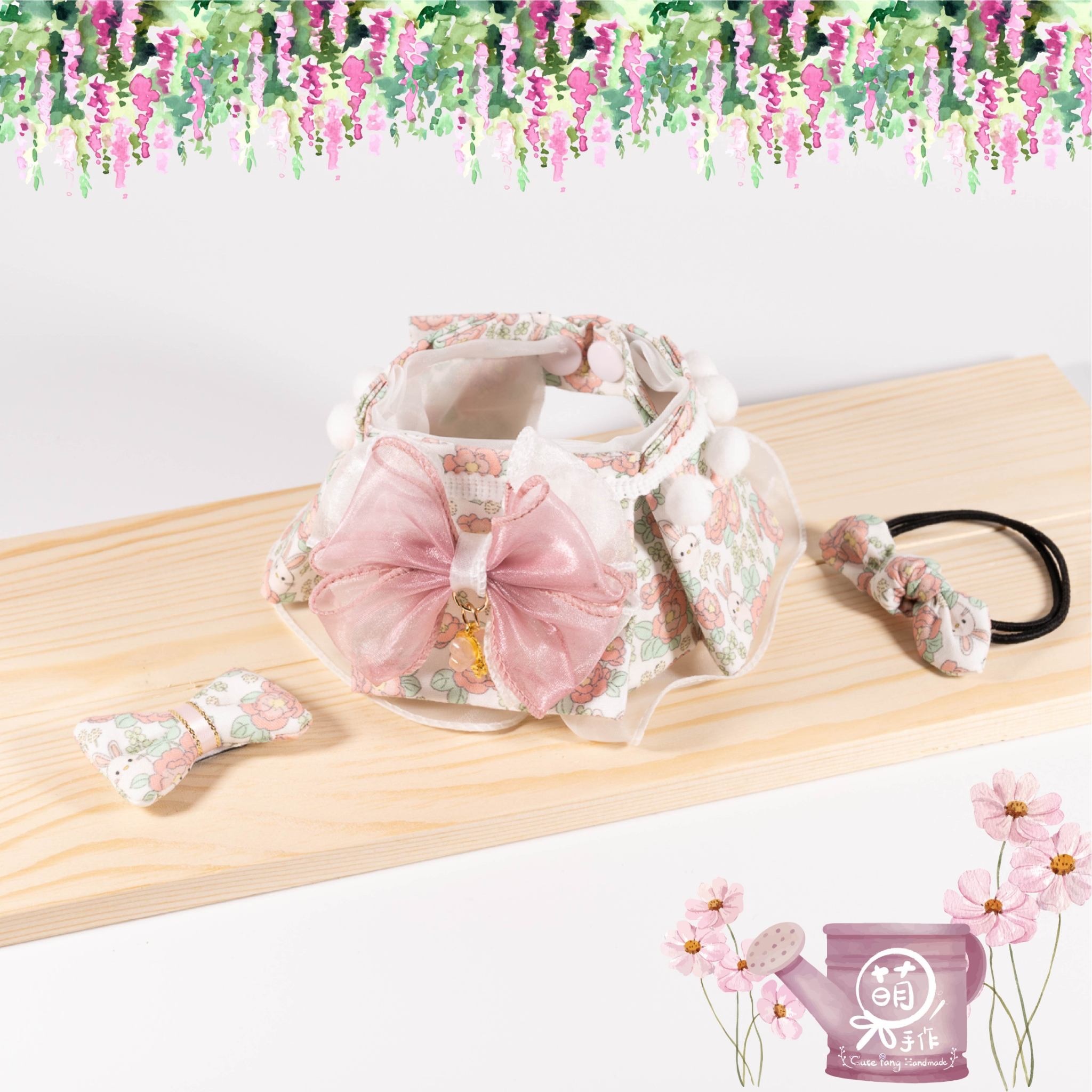 萌糖手作｜幻想花園兔魔法公主粉嬌俏花嶺款 寵物領巾 狗狗領巾 貓咪領巾 狗狗脖圍 貓咪脖圍 寵物項圈 貓咪項圈 狗狗項圈