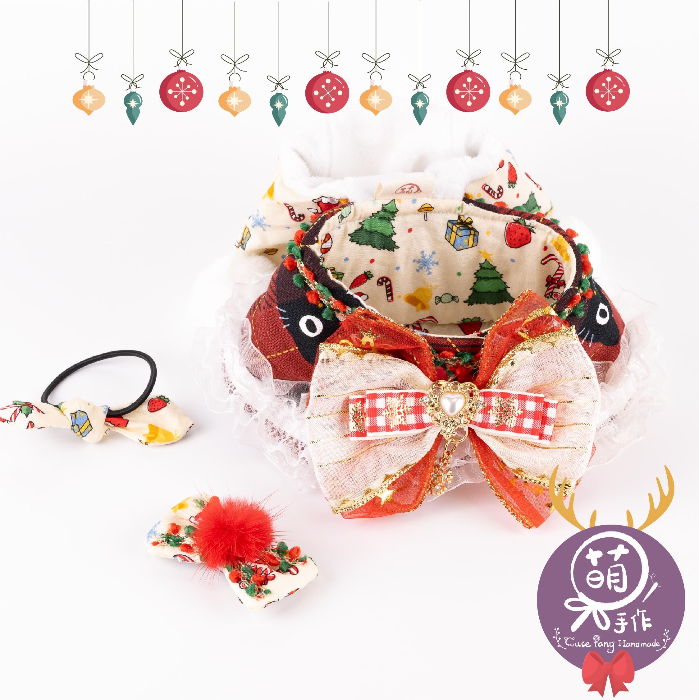 萌糖手作｜聖誕小精靈 帽帽披肩 紅色 寵物領巾 狗狗領巾 貓咪領巾狗狗脖圍 貓咪脖圍 寵物項圈 貓咪項圈 狗狗項圈 客製