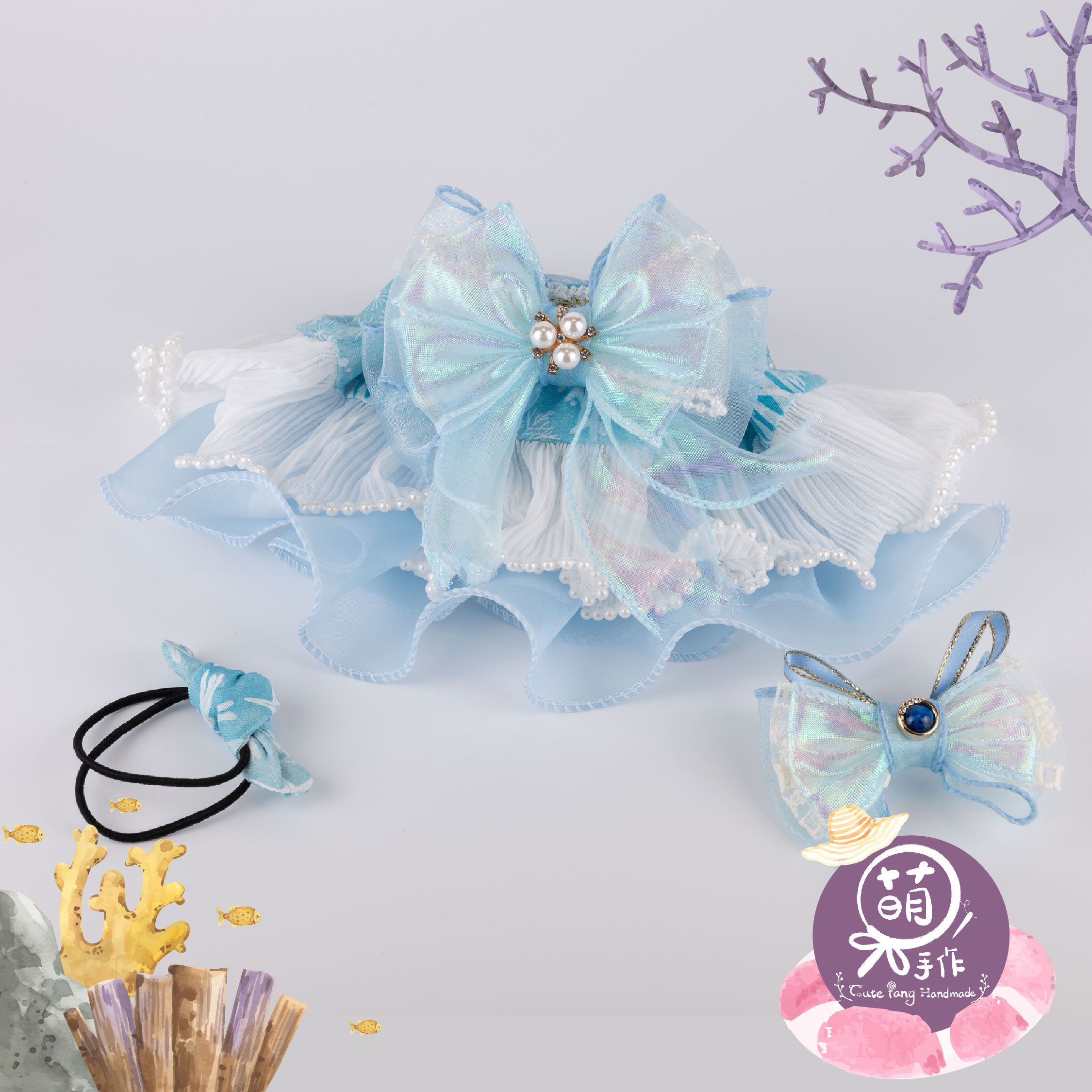 萌糖手作｜海洋傳說の水色珍珠音調花嶺 寵物領巾 狗狗領巾 貓咪領巾狗狗脖圍 貓咪脖圍 寵物項圈 貓咪項圈 狗狗項圈