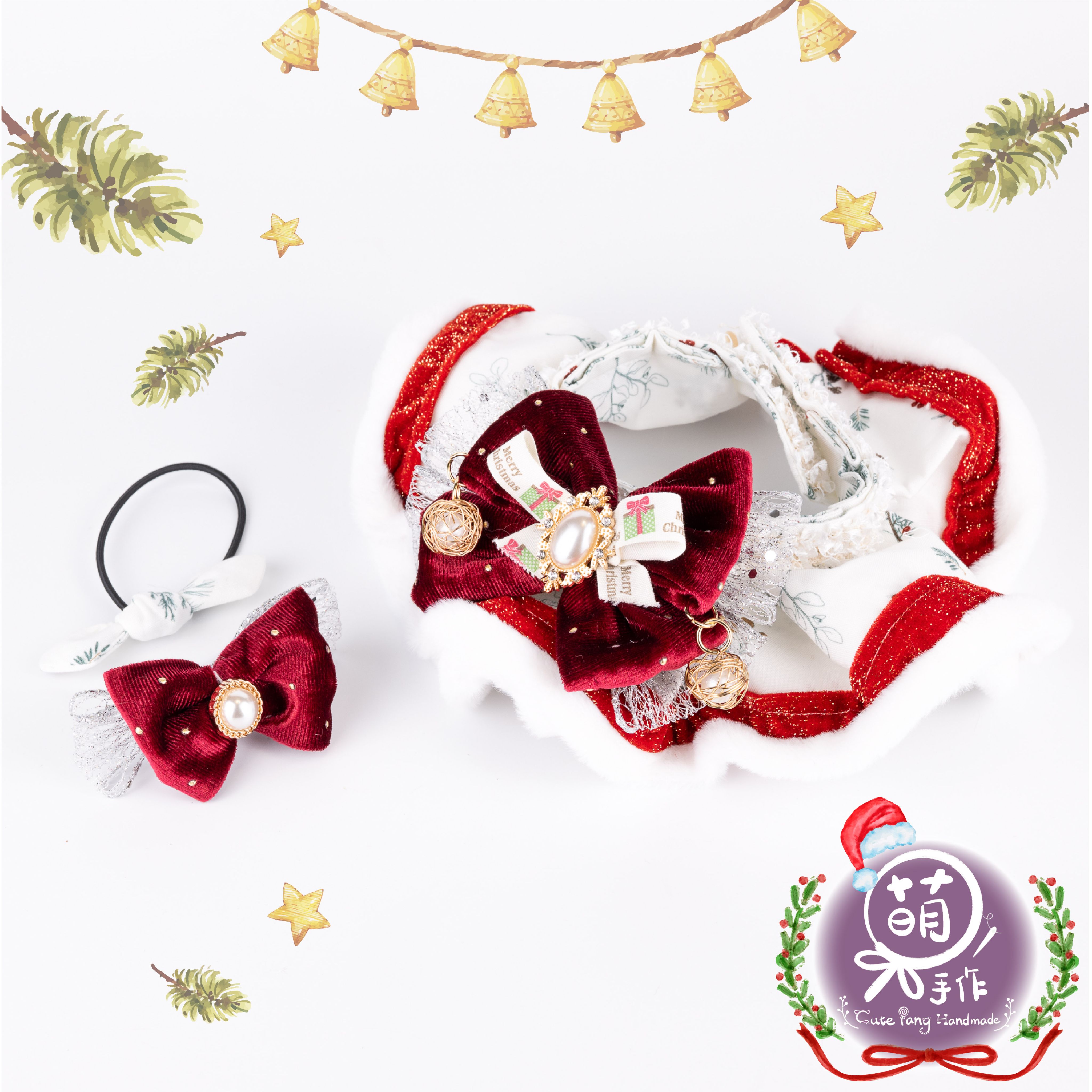 萌糖手作｜雪國精靈紅寶石花嶺 聖誕節 花嶺 寵物領巾 狗狗領巾 貓咪領巾狗狗脖圍 貓咪脖圍 寵物項圈 貓咪項圈 狗狗項圈