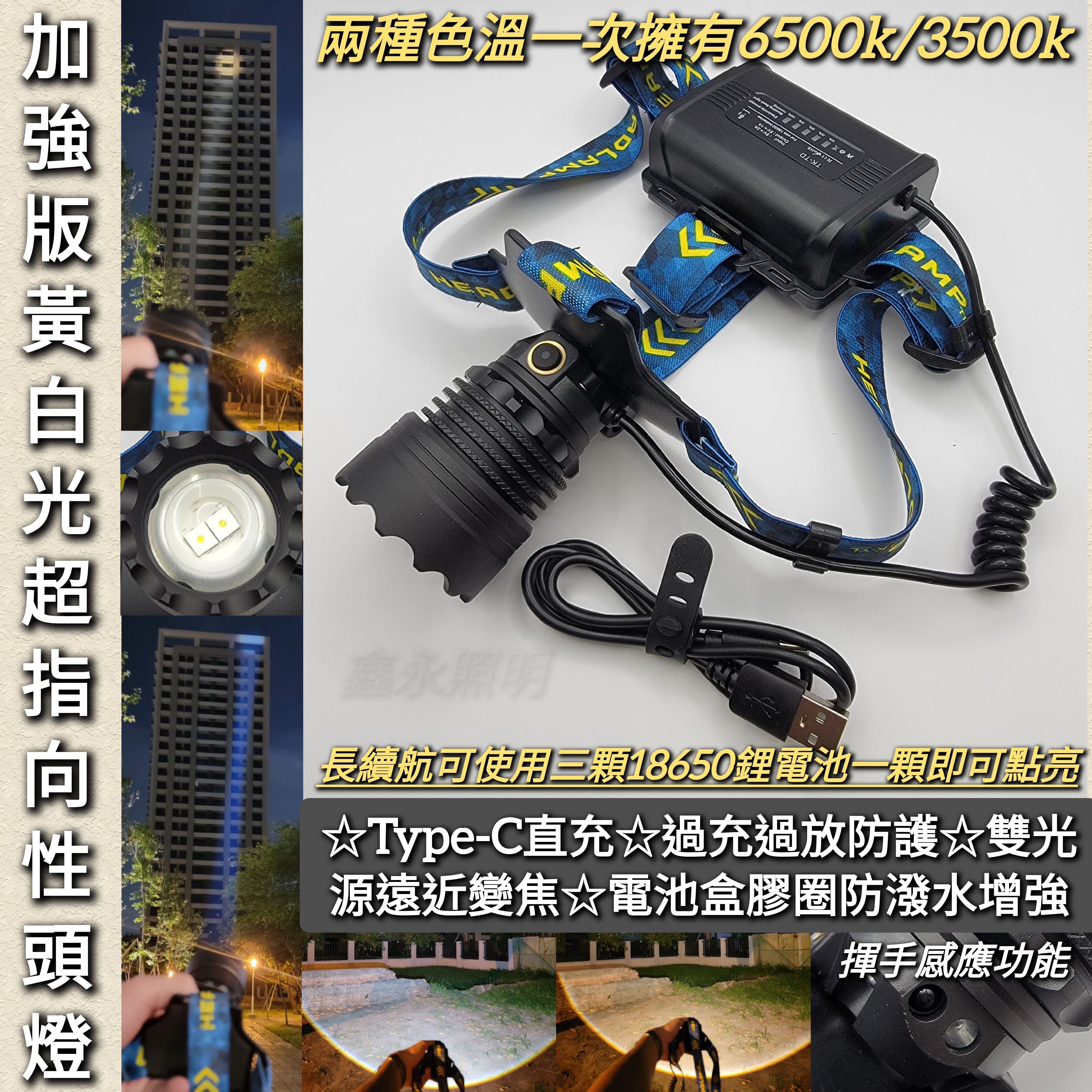 台灣出貨「鑫永照明」黃白光頭燈 超指向性激光 伸縮變焦頭燈 遠射 廣角 頭戴燈 LED 18650頭燈 登山露營 工作燈