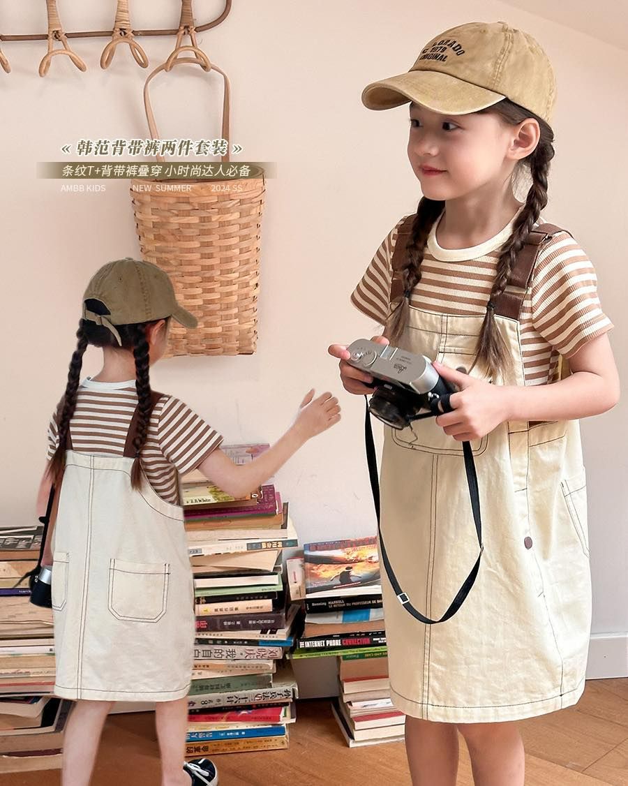 Ambb 休閒牛仔吊帶裙+條紋上衣