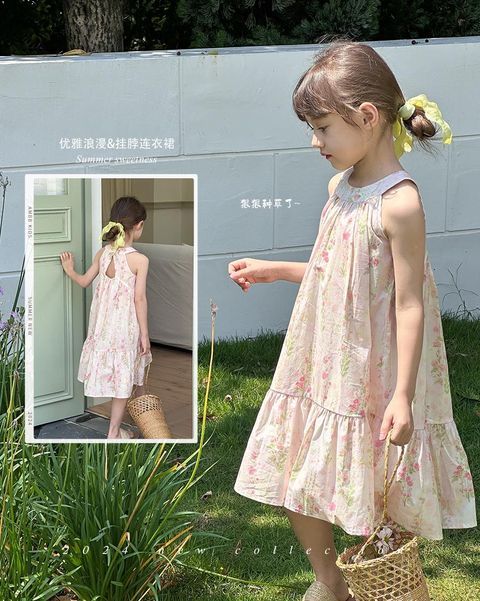 Ambb 法式粉花露背掛脖連身裙