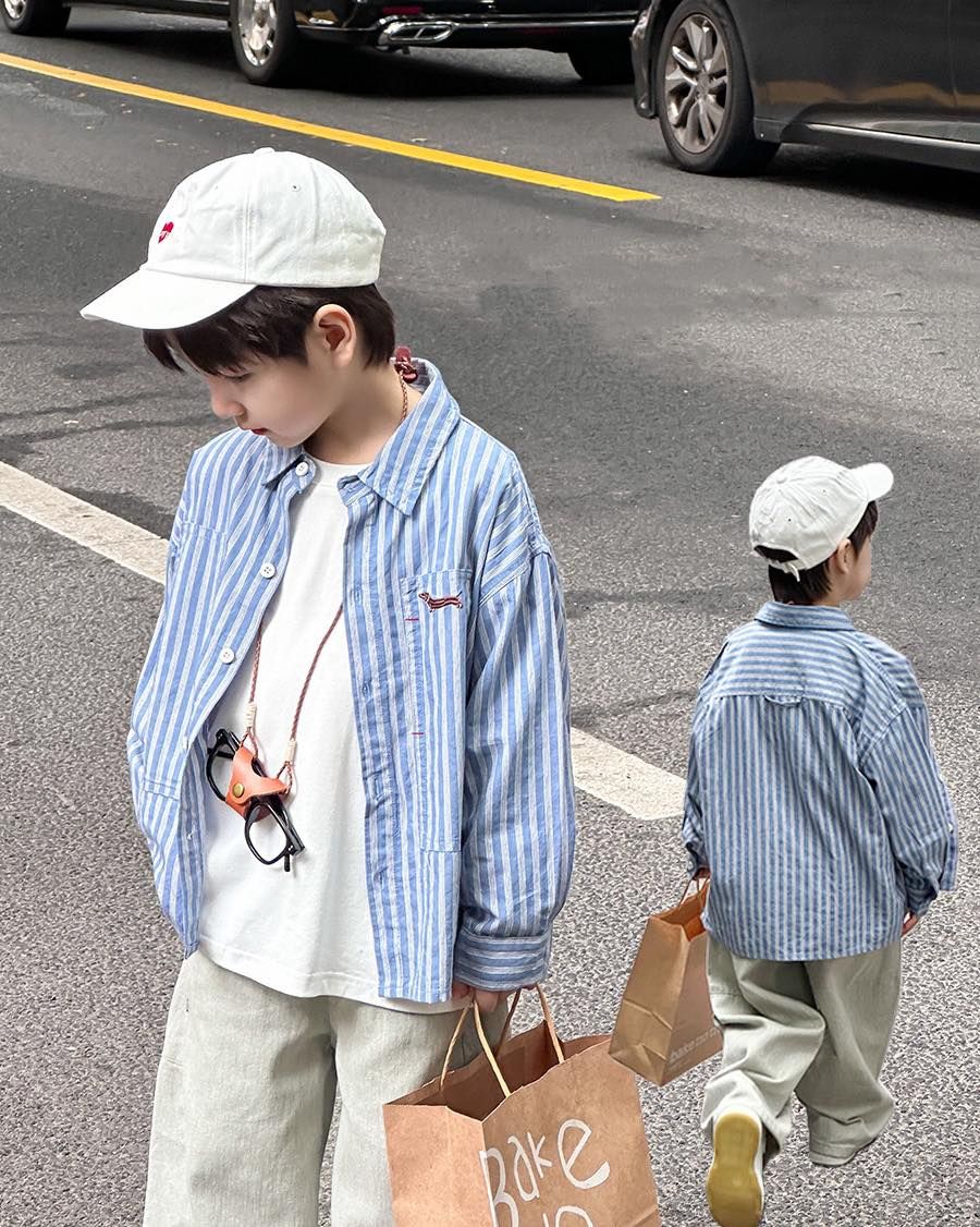 Ambb 帥氣竪條紋刺繡翻領上衣