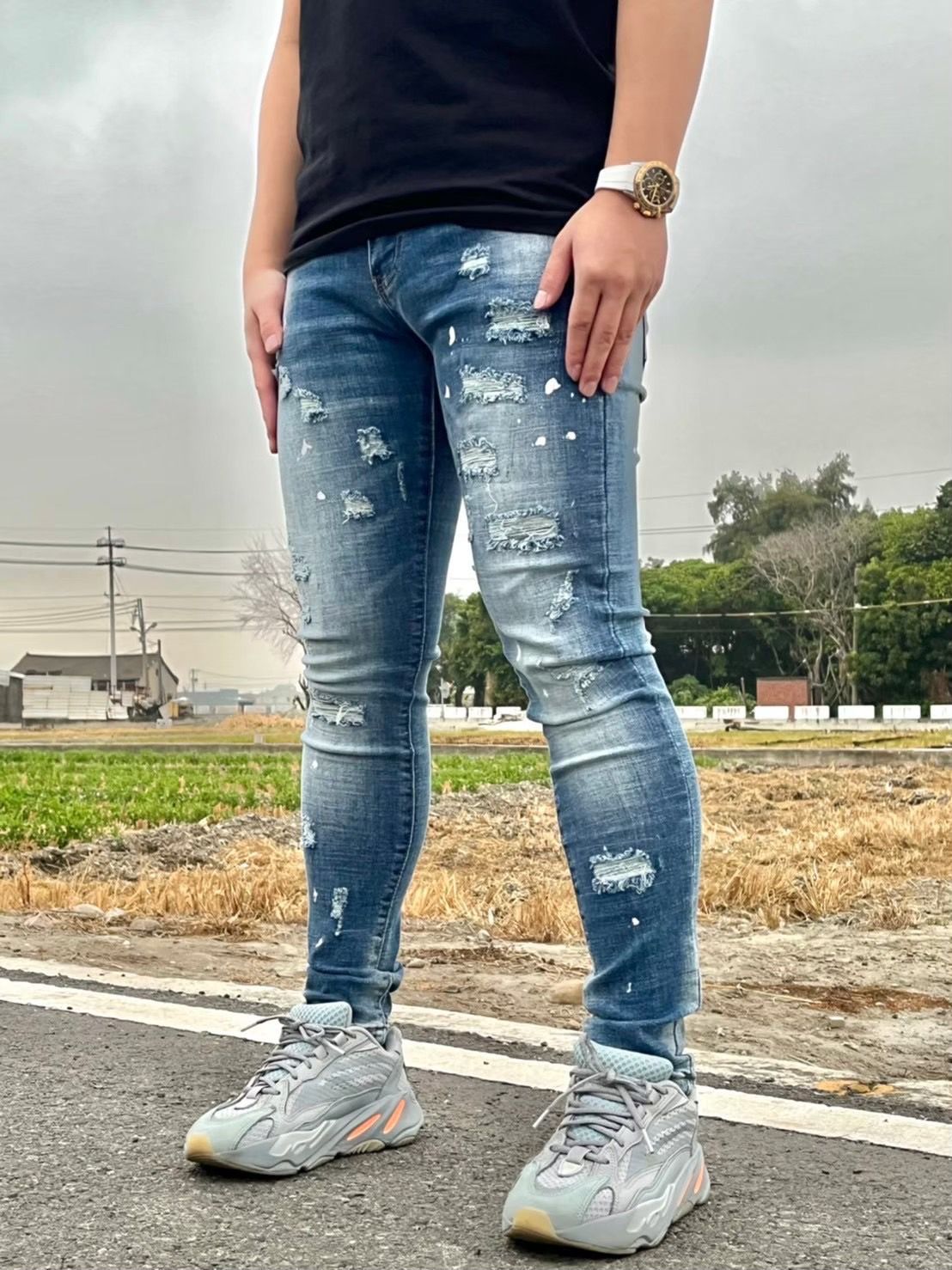 Luu Quiet 2代 潑漆破壞漂白藍超彈力牛仔褲