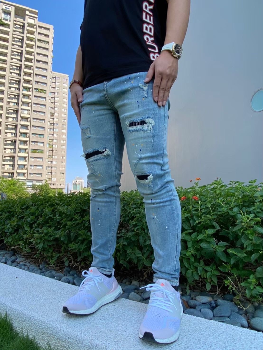 Luu Quiet 12代 水洗仿舊淺色雲白天空藍超彈力牛仔褲