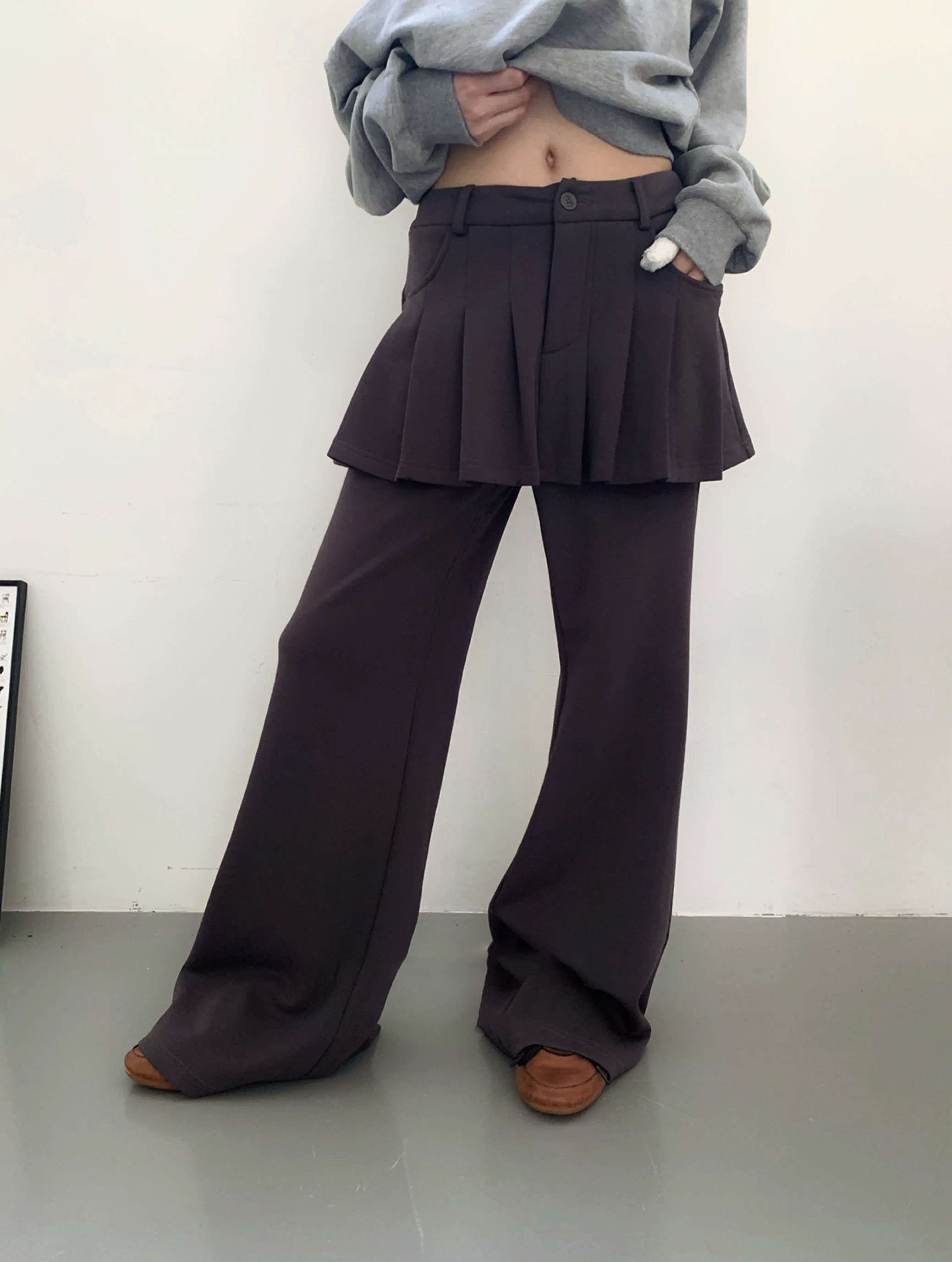 減齡百褶裙假兩件休閒闊腿褲
