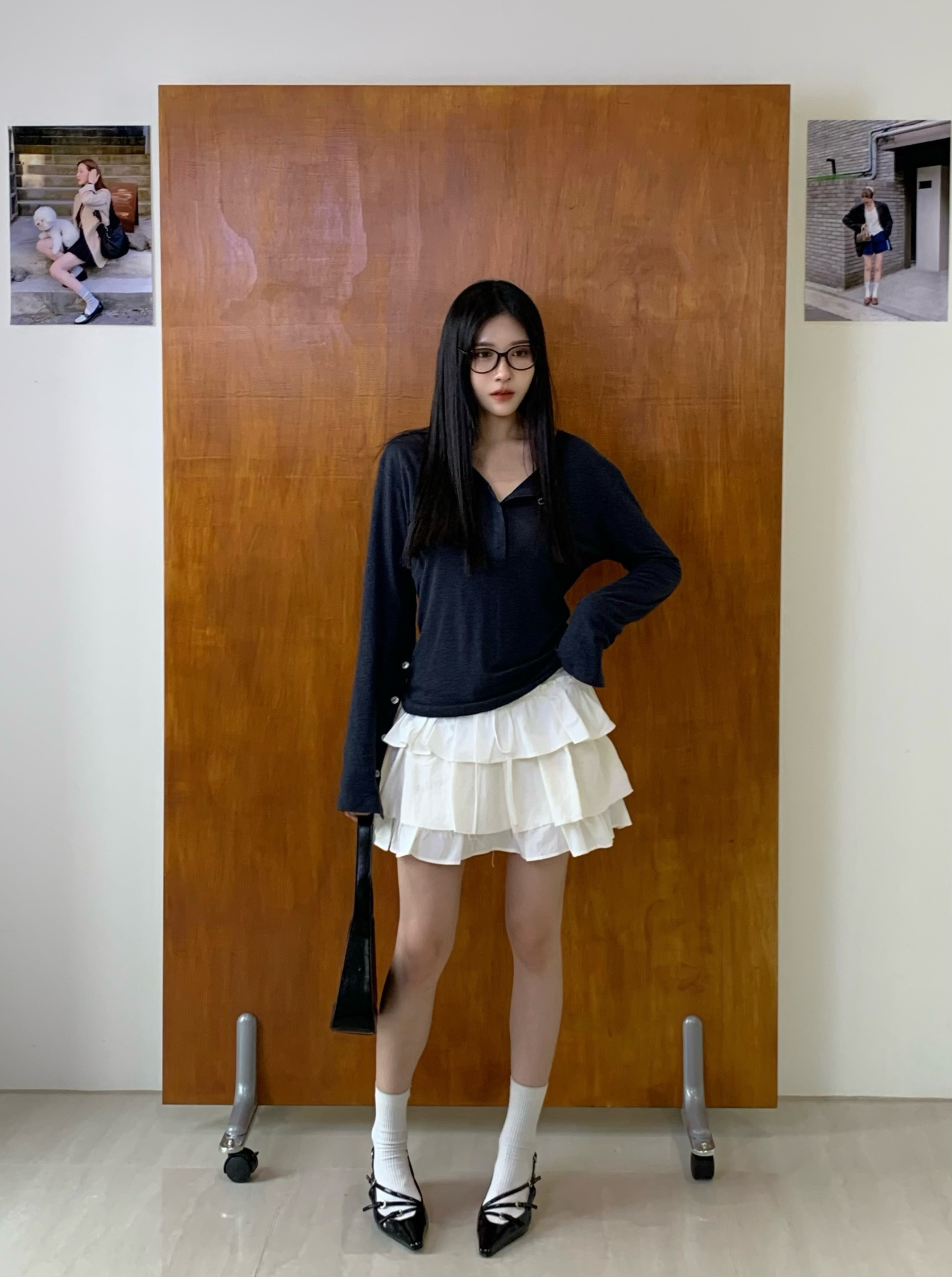 亞麻鬆弛感手工釘珠小花長袖tee