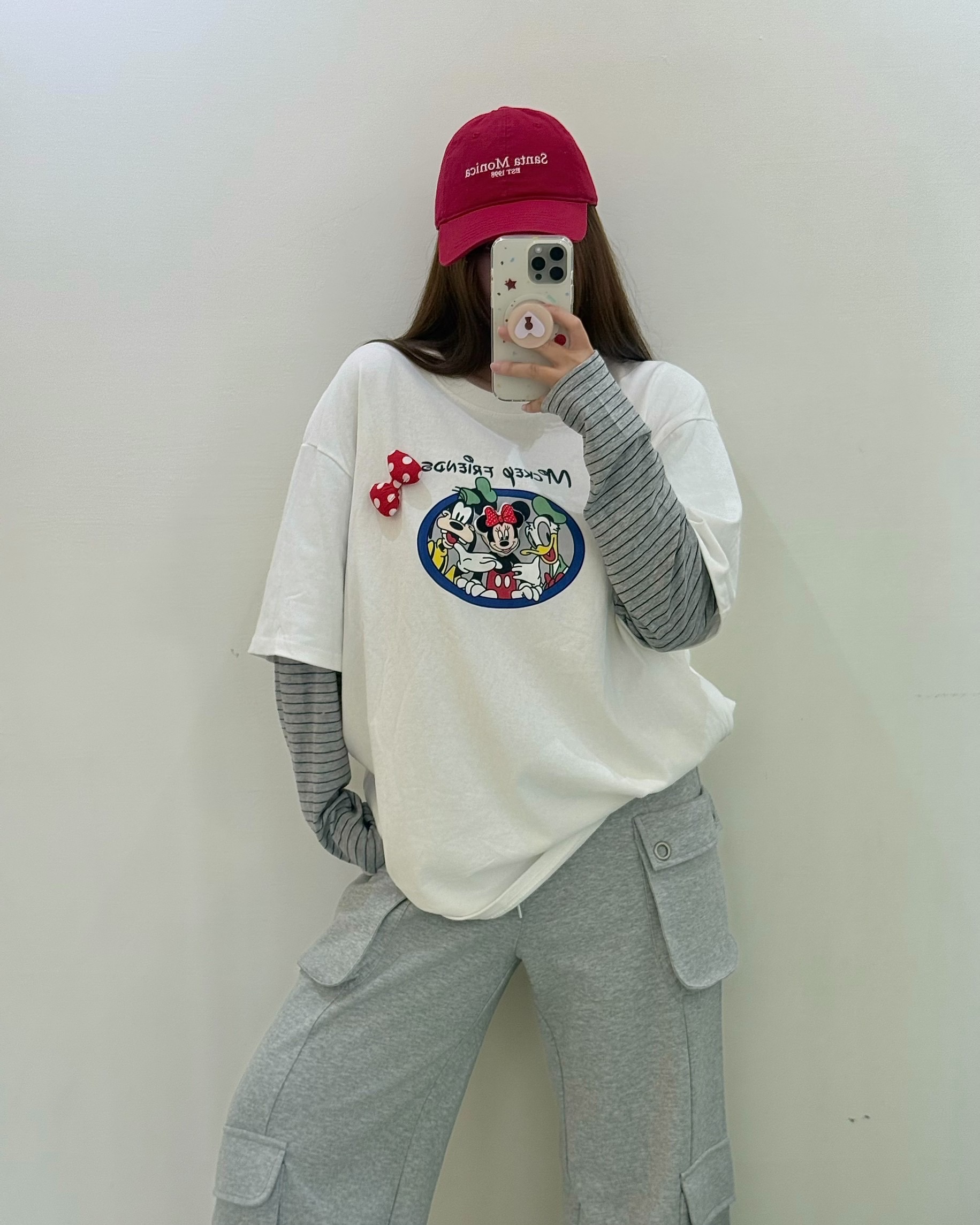 米奇朋友拼接條紋長袖tee