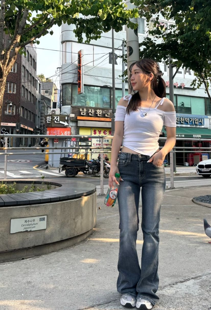 正韓女裝❤️K921韓國低腰刷色微喇叭牛仔褲（現貨）