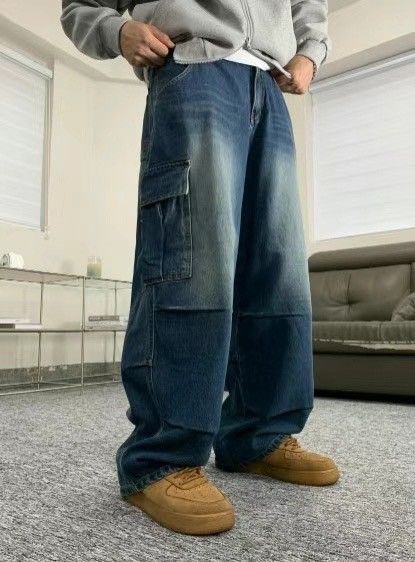 男裝💙韓國氣球工裝牛仔寬褲