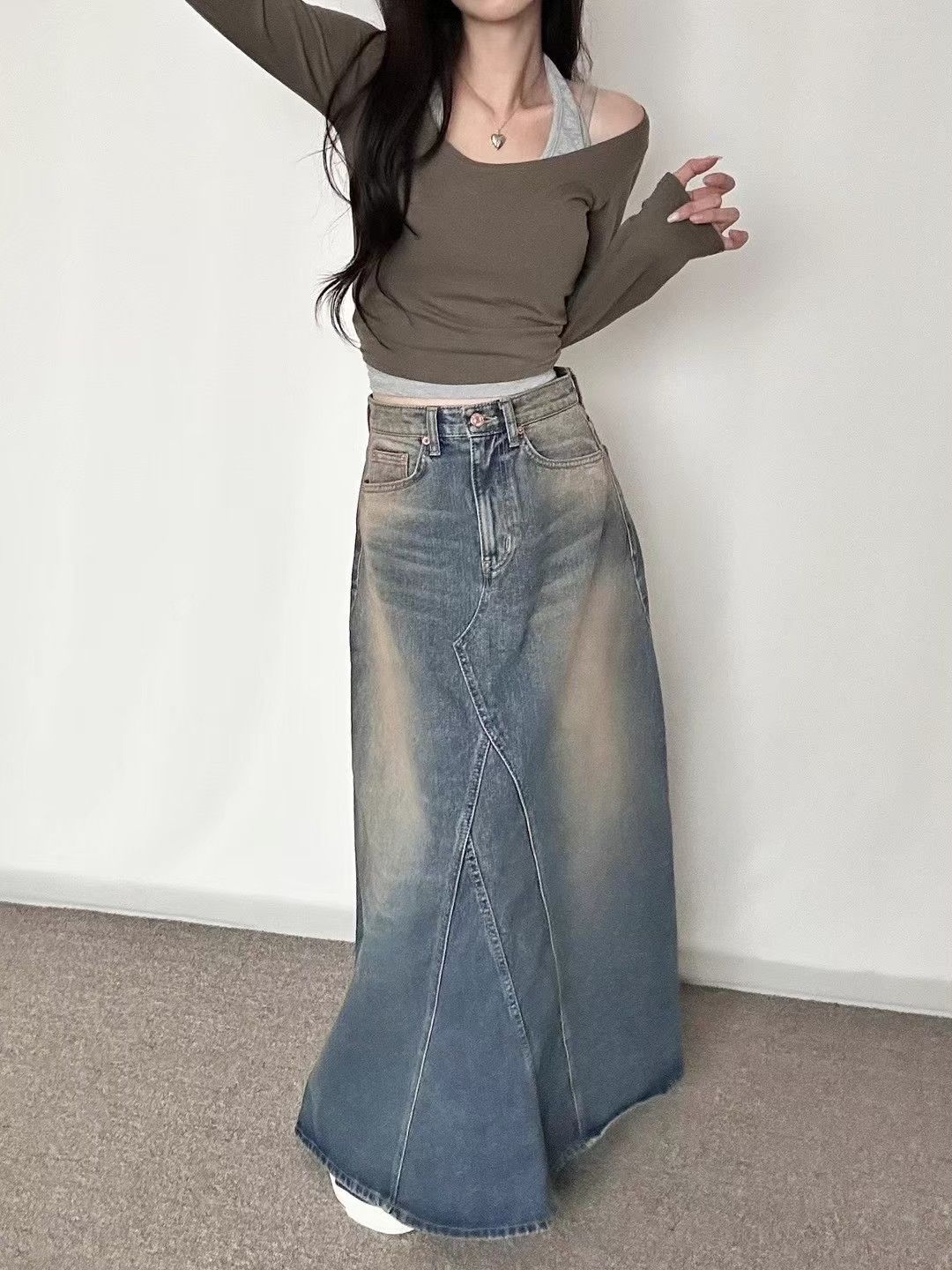 女裝❤️K939韓國復古刷牛仔長裙