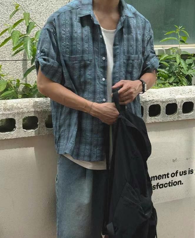 男裝💙DS56100韓國反摺短袖格子襯衫