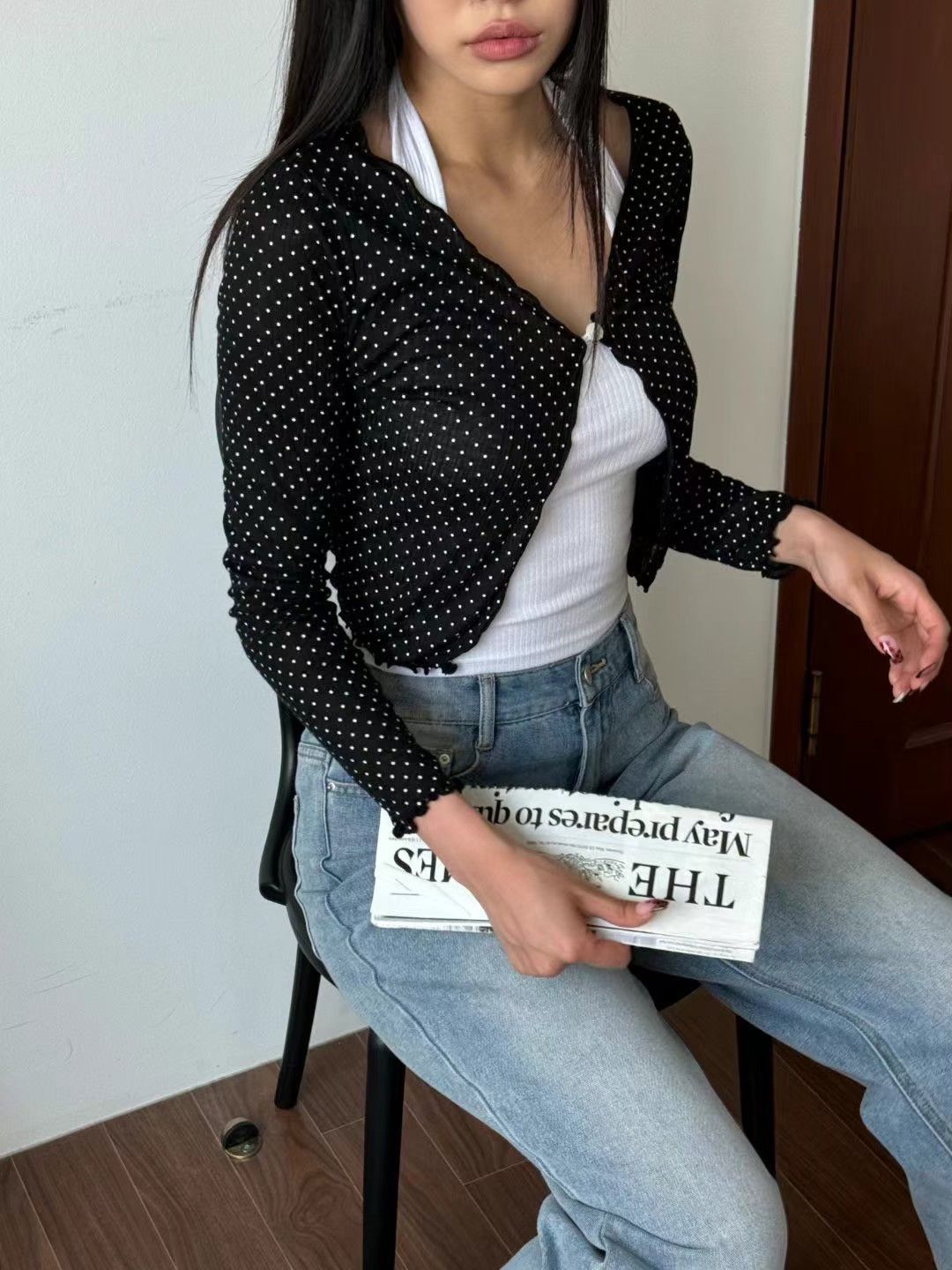 K581003韓國木耳邊點點防曬罩衫（88折）