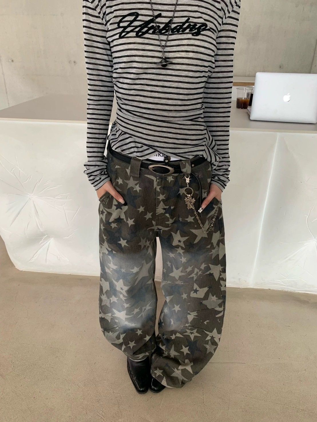 A372001滿版星星造型刷舊牛仔褲（預購）