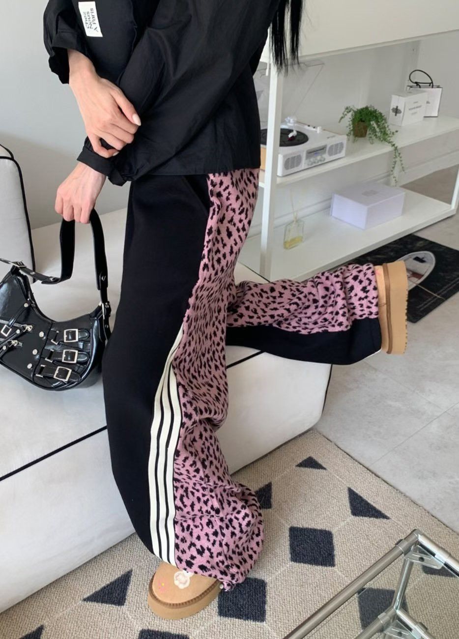 K5120408韓國豹紋拼接內刷毛棉褲