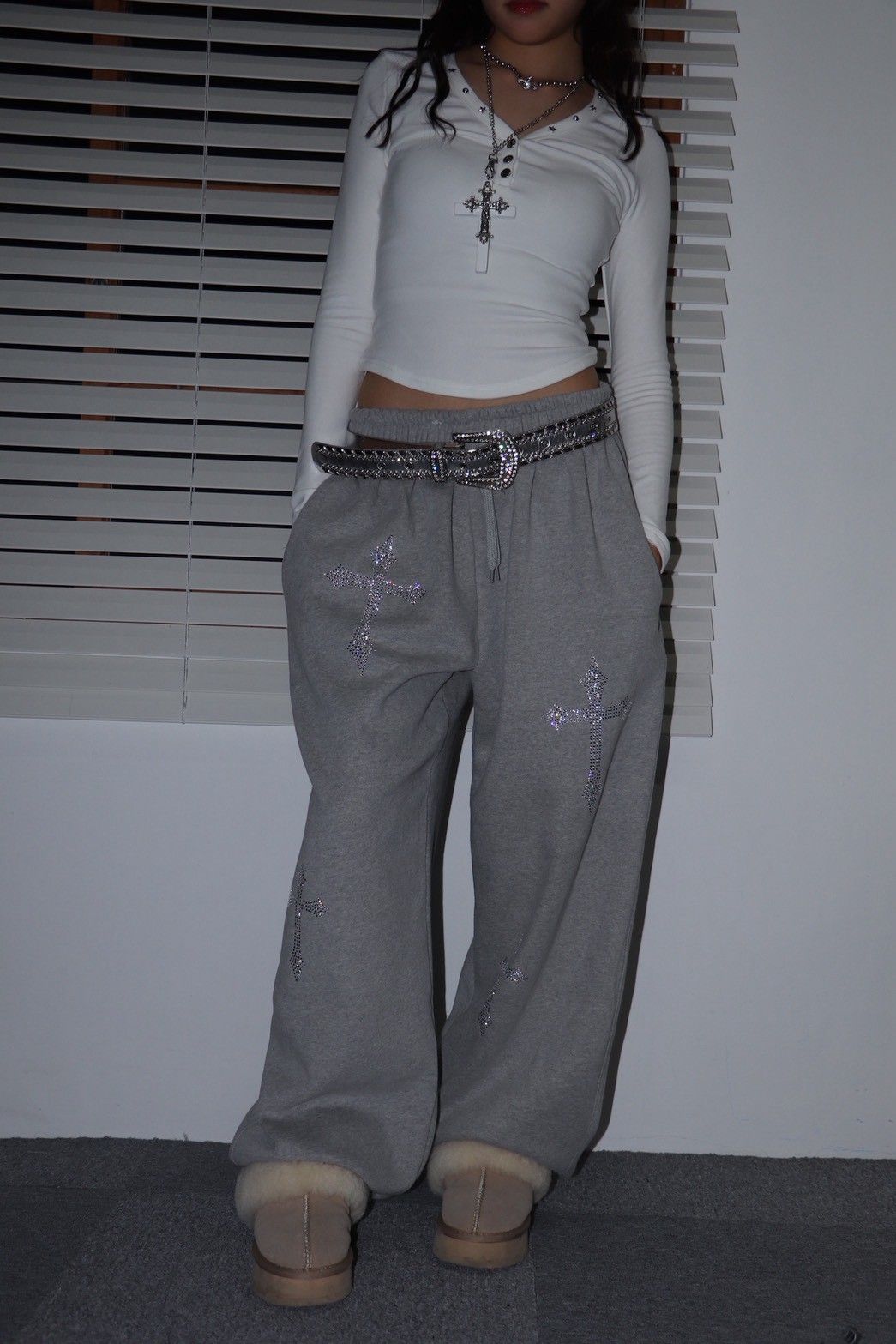 直播款-K511233韓國燙鑽十字架內刷毛棉褲（預購）