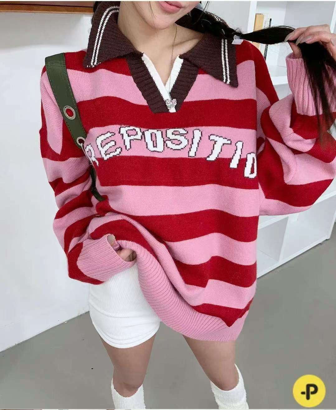直播款-ME501156韓國文字條紋小V領oversize毛衣