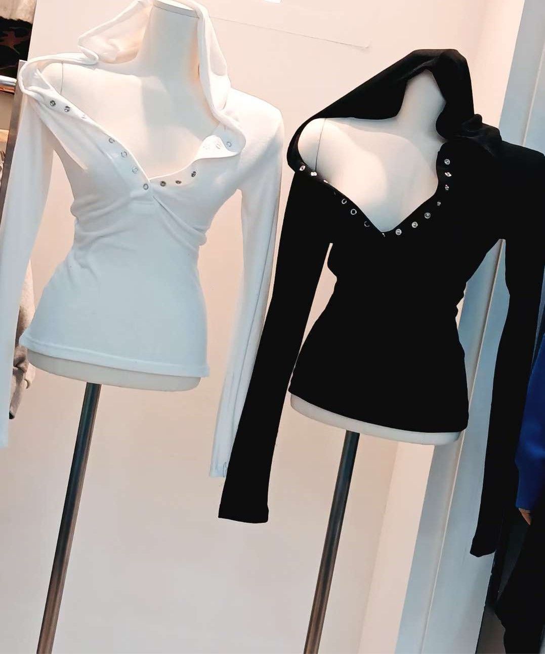 K601192韓國素色半包釦連帽上衣