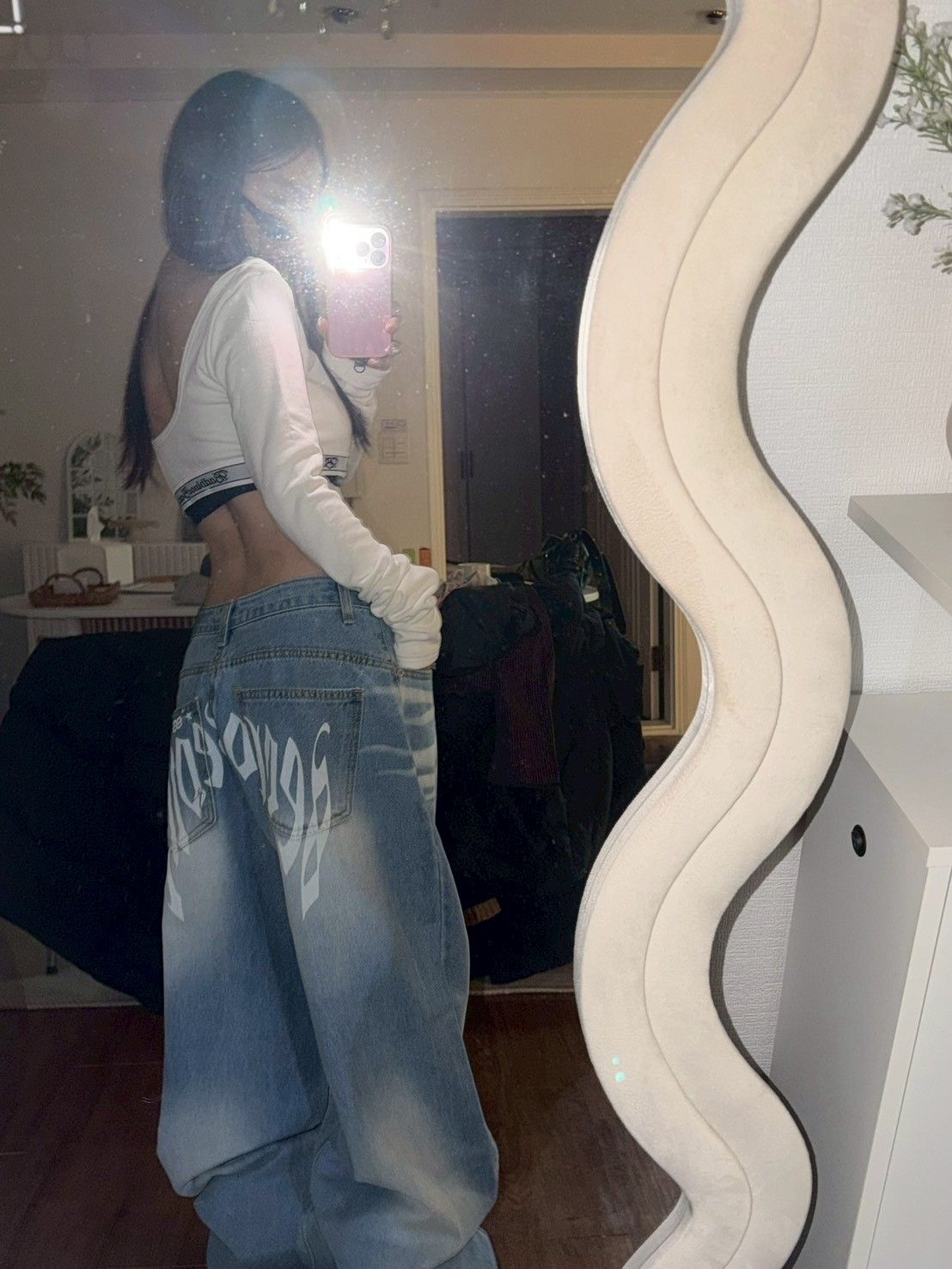 K612708韓國街頭歌德印花淺藍牛仔褲