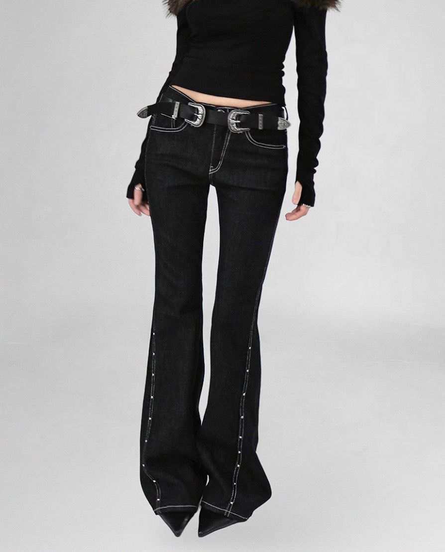 K7161韓國斜切釘釦單寧喇叭褲（預購）