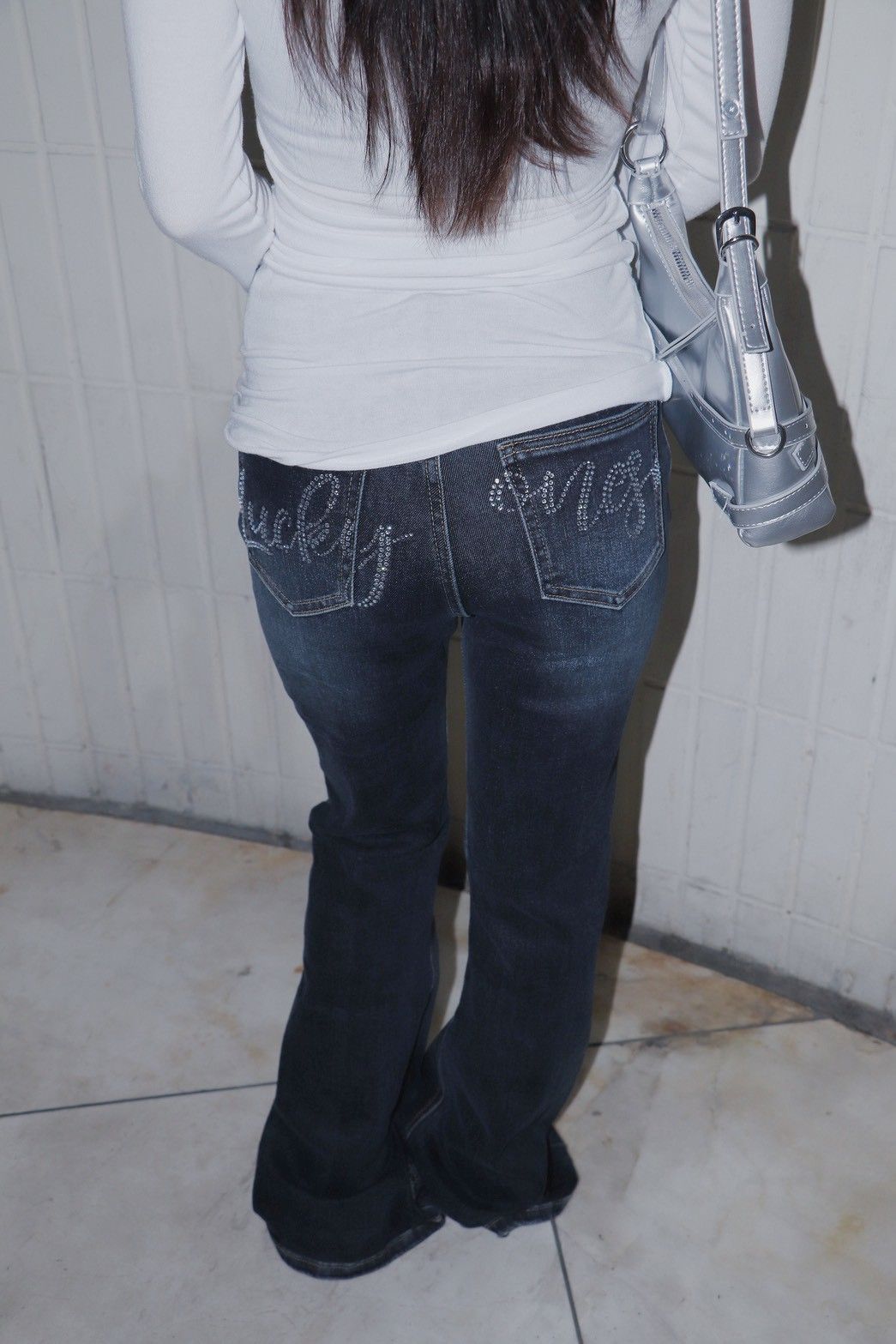 A890001Lucky燙鑽微喇叭牛仔褲