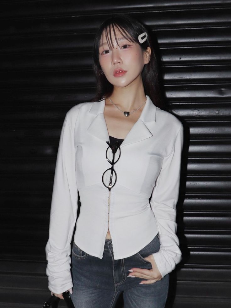 K630907韓國棉質鐵扣腰身OL感翻領上衣（預購）