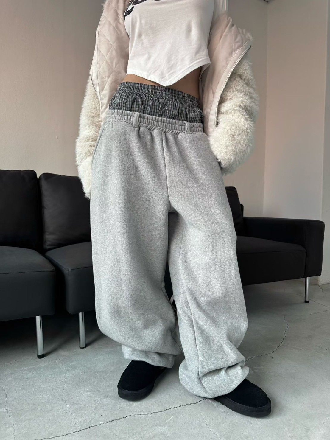 K6031605韓國格子雙褲頭厚綁帶棉褲