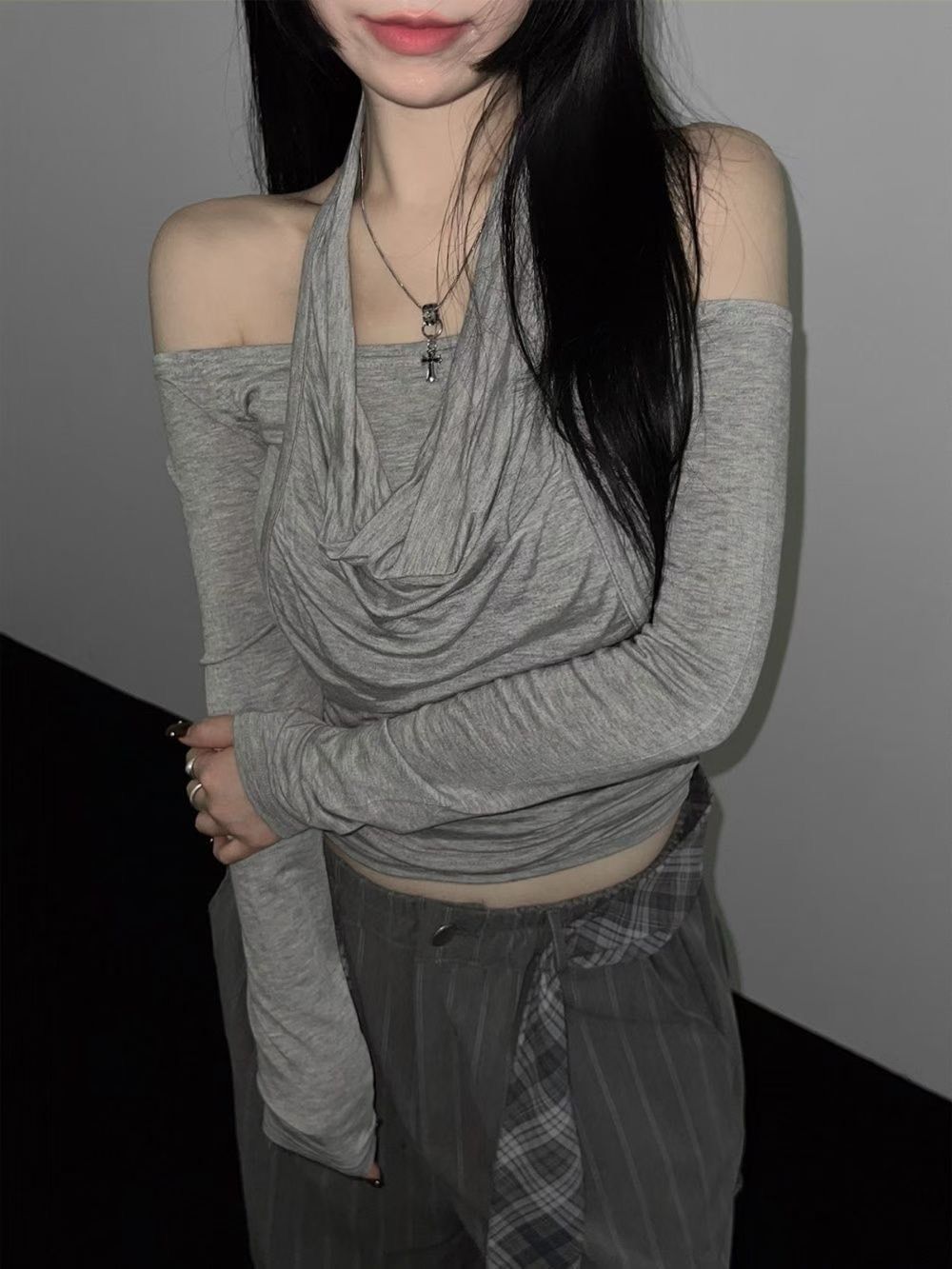 K632704韓國一字領繞脖假兩件式