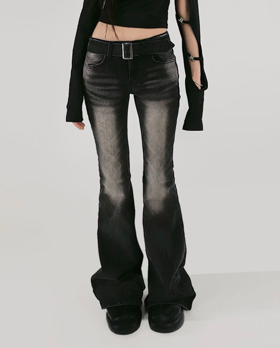 直播款-K620韓國附腰帶刷白牛仔喇叭褲（現貨+預購）