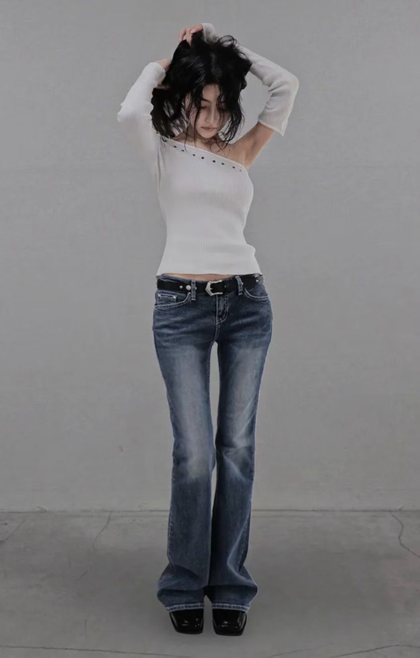 K671韓國白釦彈性低腰牛仔喇叭褲