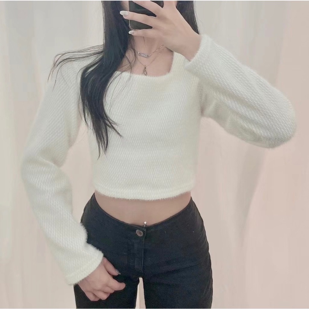 ￼現貨售完不補ෆ🏷ʏᴜɴᴀ’s ·韓國代購🇰🇷方領毛絨紋理感素色上衣