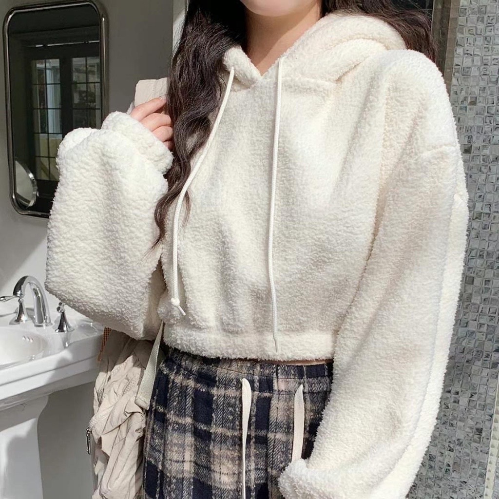 ￼現貨售完不補ෆ🏷ʏᴜɴᴀ’s ·韓國代購🇰🇷羊羔毛短版帽T 2colors