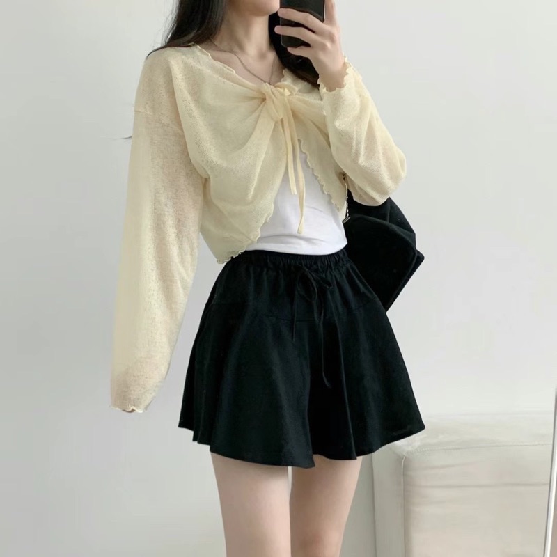 ￼| 現貨+預購 |🏷ʏᴜɴᴀ’s ㅣ正韓🇰🇷大推 .ᐟ‪‪.ᐟ微透木耳邊綁帶薄長袖上衣set 3colors