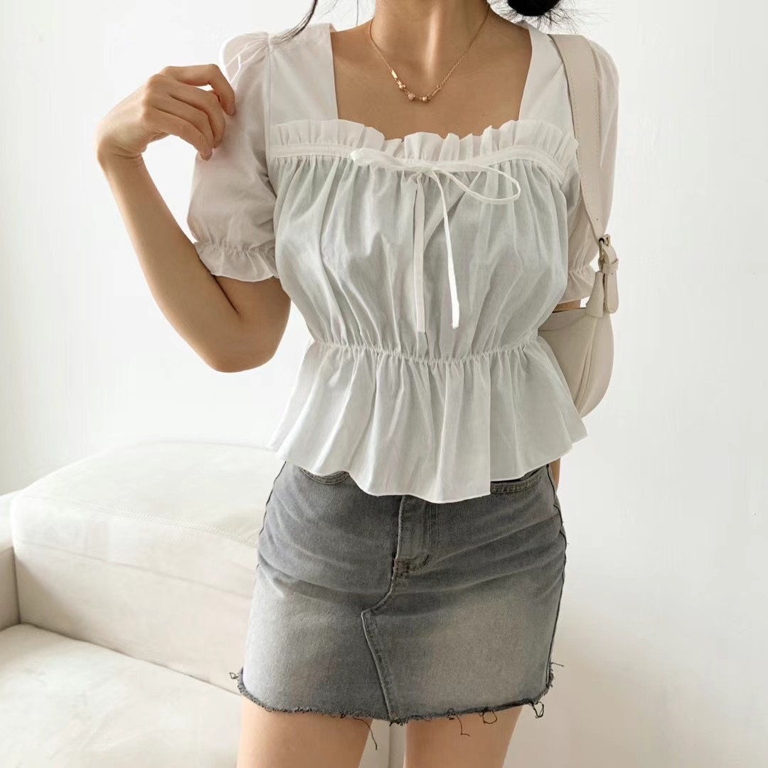 🏷ʏᴜɴᴀ’s ·正韓🇰🇷方領荷葉邊綁帶短袖上衣 3colors