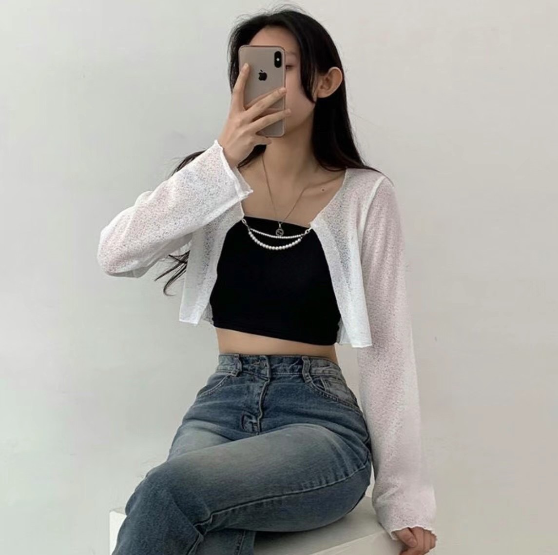 現貨+預購ෆʏᴜɴᴀ’s ·韓國代購🇰🇷質感珍珠鏈薄長袖罩衫 3colors