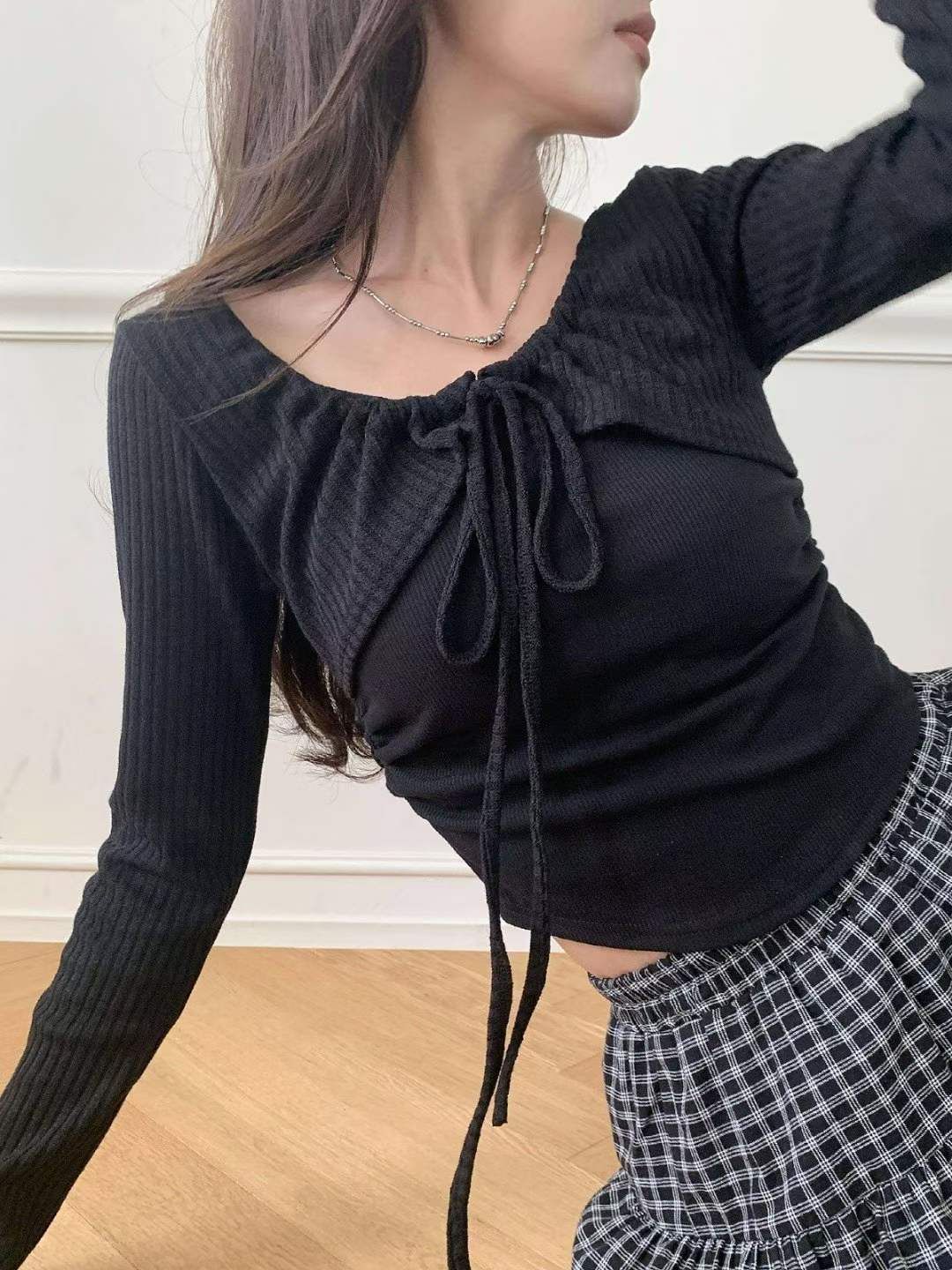 現貨+預購ෆ🏷ʏᴜɴᴀ’s ·正韓代購🇰🇷月光荷葉🍃假兩件綁帶針織長袖上衣