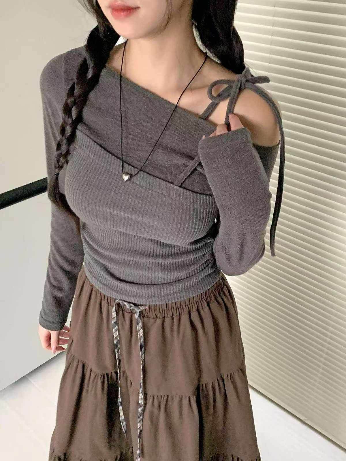 現貨+預購ෆ🏷ʏᴜɴᴀ’s ·正韓代購🇰🇷柔霧綁帶🎀不對稱斜肩針織長袖上衣